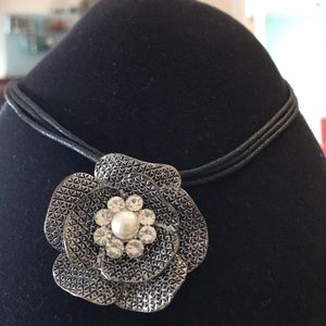 Black Leather necklace w/ flower medallion